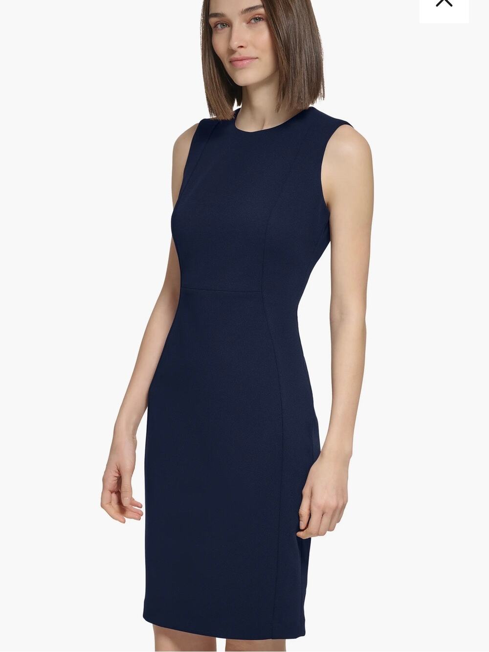 Calvin Klein Sleeveless Seam Front Scuba Crepe Crew Sheath Dress Navy Blue 8